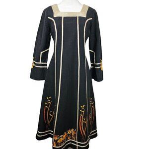 Diseno Josefa Ibarra VTG Dress S Black/Gold 70's Floral Artisan Kaftan Designer